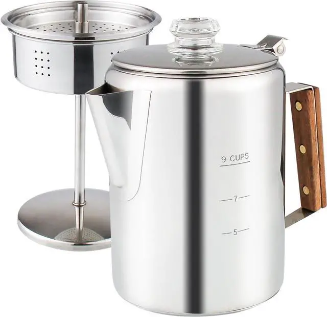 Main image of Percolator Coffee Pot Using on Induction Cooker & Campfire Stove, Stainless Steel Camping Coffee Pot Coffee Maker with Tempered Borosilicate Glass Knob Top NO Aluminum NO Plastic 9 Cup