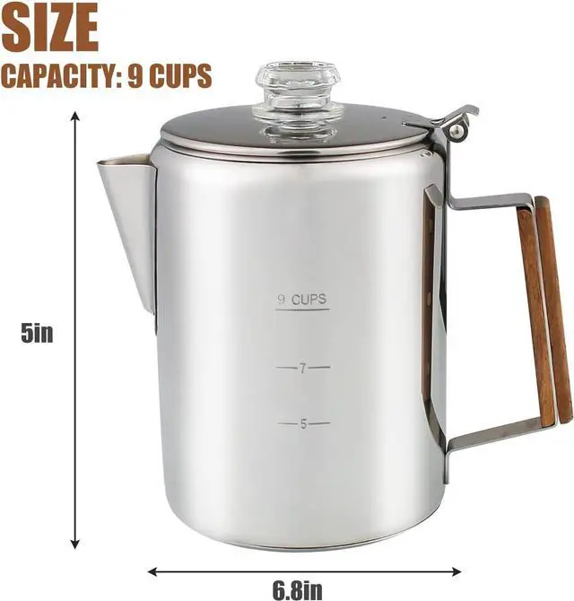 Alt view image 2 of 7 - Percolator Coffee Pot Using on Induction Cooker & Campfire Stove, Stainless Steel Camping Coffee Pot Coffee Maker with Tempered Borosilicate Glass Knob Top NO Aluminum NO Plastic 9 Cup