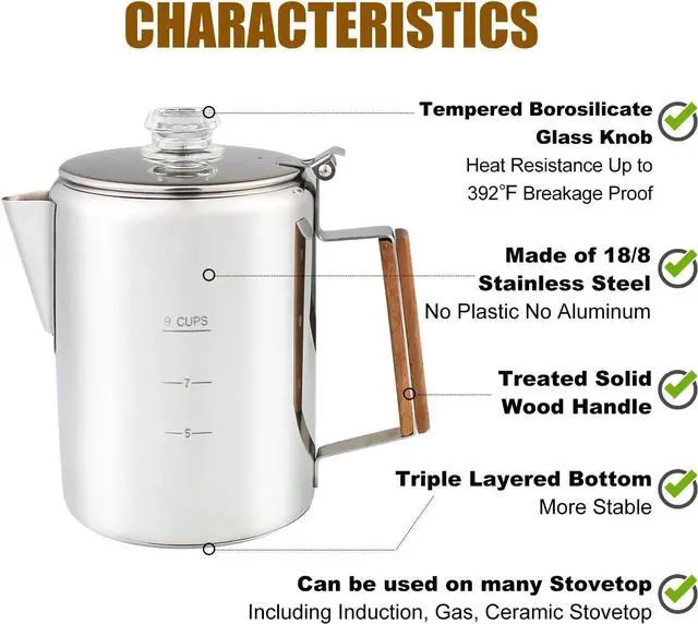 Alt view image 3 of 7 - Percolator Coffee Pot Using on Induction Cooker & Campfire Stove, Stainless Steel Camping Coffee Pot Coffee Maker with Tempered Borosilicate Glass Knob Top NO Aluminum NO Plastic 9 Cup