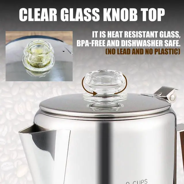 Alt view image 4 of 7 - Percolator Coffee Pot Using on Induction Cooker & Campfire Stove, Stainless Steel Camping Coffee Pot Coffee Maker with Tempered Borosilicate Glass Knob Top NO Aluminum NO Plastic 9 Cup