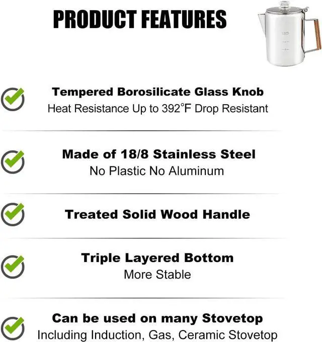 Alt view image 6 of 7 - Percolator Coffee Pot Using on Induction Cooker & Campfire Stove, Stainless Steel Camping Coffee Pot Coffee Maker with Tempered Borosilicate Glass Knob Top NO Aluminum NO Plastic 9 Cup