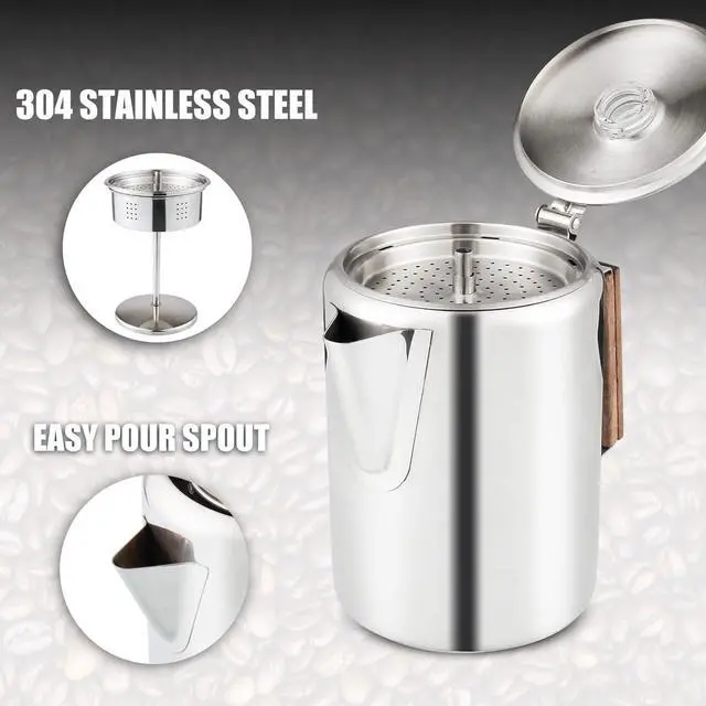 Alt view image 5 of 7 - Percolator Coffee Pot Using on Induction Cooker & Campfire Stove, Stainless Steel Camping Coffee Pot Coffee Maker with Tempered Borosilicate Glass Knob Top NO Aluminum NO Plastic 9 Cup
