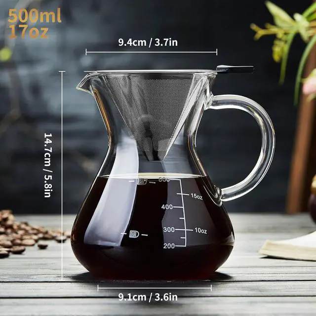 Alt view image 2 of 6 - Unbreakable - Pour Over Coffee Maker with Double Stainless Filter 17oz, Thickened Heat-Resistant Borosilicate Glass Dripper Coffee Pour Over, Stovetop Safe