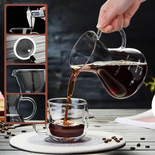 Alt view image 4 of 6 - Unbreakable - Pour Over Coffee Maker with Double Stainless Filter 17oz, Thickened Heat-Resistant Borosilicate Glass Dripper Coffee Pour Over, Stovetop Safe