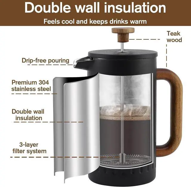 Alt view image 2 of 7 - Rorence 34oz French Press Coffee Maker, Coffee Press with Real Wood Handle & Plunger Head, Double Wall Insulation & Dual-Filter Screen, incl. replaced filters & instructions, Black
