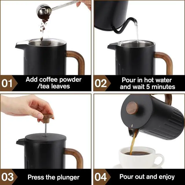 Alt view image 3 of 7 - Rorence 34oz French Press Coffee Maker, Coffee Press with Real Wood Handle & Plunger Head, Double Wall Insulation & Dual-Filter Screen, incl. replaced filters & instructions, Black