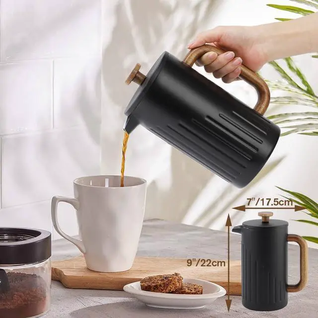 Alt view image 5 of 7 - Rorence 34oz French Press Coffee Maker, Coffee Press with Real Wood Handle & Plunger Head, Double Wall Insulation & Dual-Filter Screen, incl. replaced filters & instructions, Black
