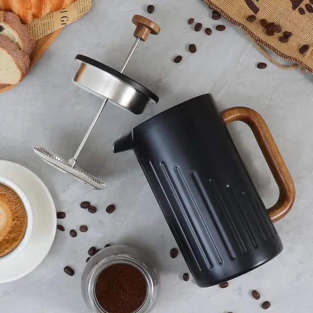 Alt view image 6 of 7 - Rorence 34oz French Press Coffee Maker, Coffee Press with Real Wood Handle & Plunger Head, Double Wall Insulation & Dual-Filter Screen, incl. replaced filters & instructions, Black