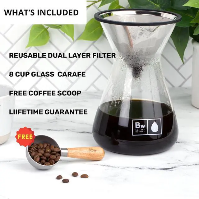 Alt view image 2 of 6 - Barista Warrior Pour Over Coffee Maker Set  Pour Over Kit Includes Large Glass Carafe, Reusable Dripper Filter, and Coffee Scoop  8 Cup Drip Brewer (34oz | 1000ml)