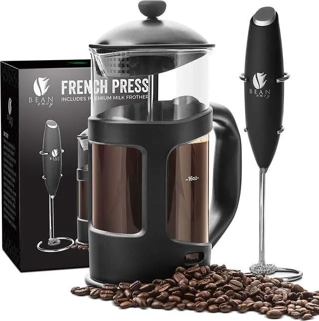 Main image of Bean Envy French Press Coffee Maker and Milk Frother Set - 34 oz Glass Carafe Coffee Press & Drink Mixer Duo w/ Stainless Steel Stand