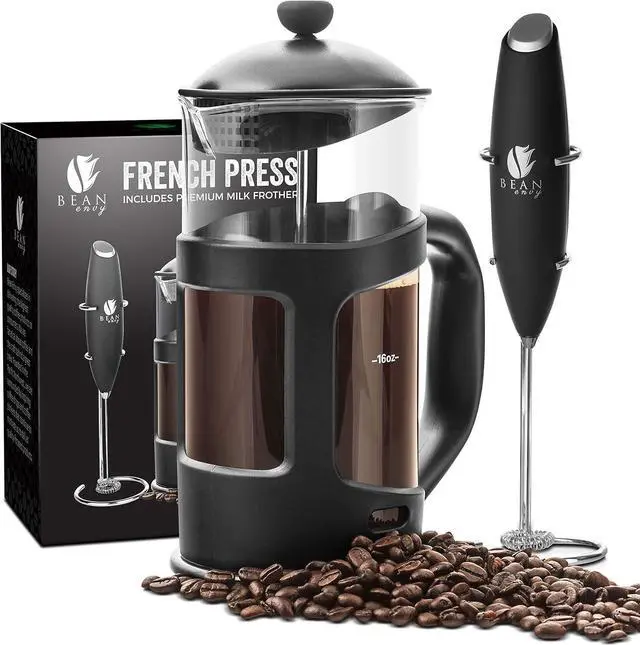 Alt view image 2 of 6 - Bean Envy French Press Coffee Maker and Milk Frother Set - 34 oz Glass Carafe Coffee Press & Drink Mixer Duo w/ Stainless Steel Stand