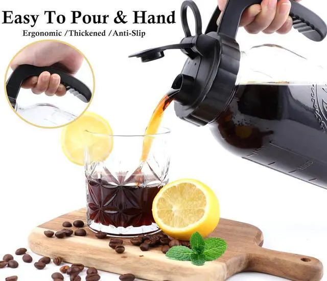 Alt view image 4 of 7 - Cold Brew Coffee Maker Half Gallon 2 Set Glass Mason Jar Pitcher With Spout Lid Filter 2 Quart Wide Mouth Iced Tea Brewing Jug Heavy Duty Handle Airtight & Leak-Proof Pitcher For Fridge Sun Tea 64 OZ