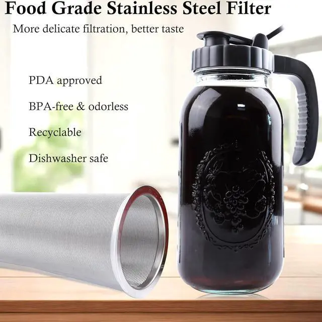 Alt view image 5 of 7 - Cold Brew Coffee Maker Half Gallon 2 Set Glass Mason Jar Pitcher With Spout Lid Filter 2 Quart Wide Mouth Iced Tea Brewing Jug Heavy Duty Handle Airtight & Leak-Proof Pitcher For Fridge Sun Tea 64 OZ
