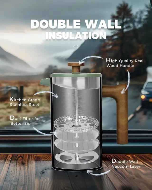 Alt view image 6 of 7 - POLIVIAR French Press Coffee Maker, 34 oz Coffee Press with Real Wood Handle, Double Wall Insulation & Dual-Filter Screen, Food Grade Stainless Steel for Good Coffe and Tea (Flatland)