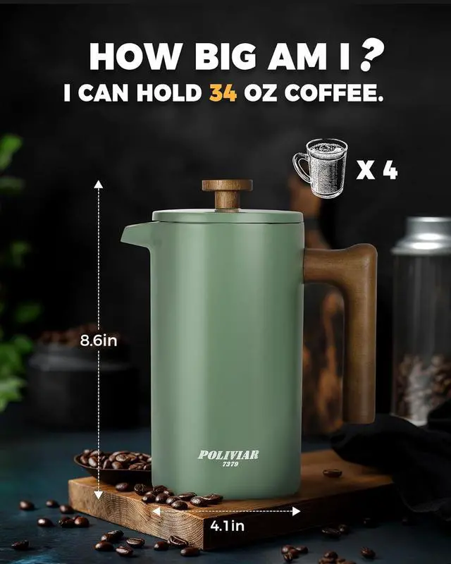 Alt view image 7 of 7 - POLIVIAR French Press Coffee Maker, 34 oz Coffee Press with Real Wood Handle, Double Wall Insulation & Dual-Filter Screen, Food Grade Stainless Steel for Good Coffe and Tea (Flatland)