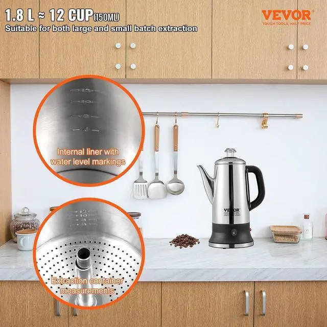 Alt view image 2 of 7 - VEVOR Electric Percolator Coffee Pot 12-Cup, 304 Stainless Steel Coffee Percolator, 1000W, Automatic Keep-Warm & Split Power Base