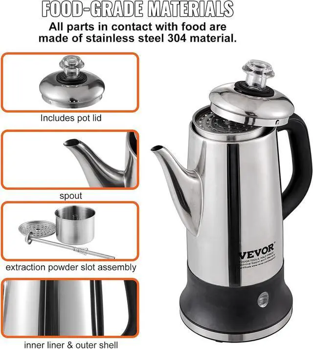 Alt view image 5 of 7 - VEVOR Electric Percolator Coffee Pot 12-Cup, 304 Stainless Steel Coffee Percolator, 1000W, Automatic Keep-Warm & Split Power Base