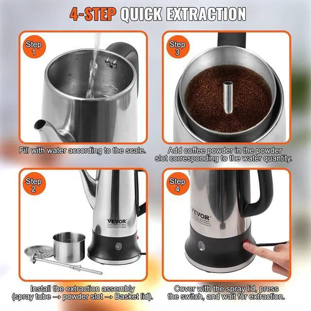 Alt view image 7 of 7 - VEVOR Electric Percolator Coffee Pot 12-Cup, 304 Stainless Steel Coffee Percolator, 1000W, Automatic Keep-Warm & Split Power Base