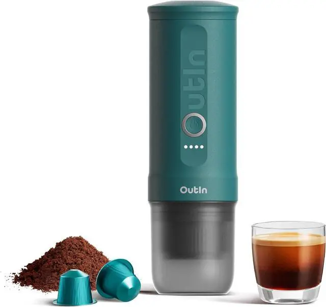 Main image of OutIn Nano Portable Electric Espresso Machine, Travel Coffee Maker for Camping, Car Coffee Maker Self-Heating with USB-C, With Ground Coffee & NS Capsule for RV, Hiking, Office