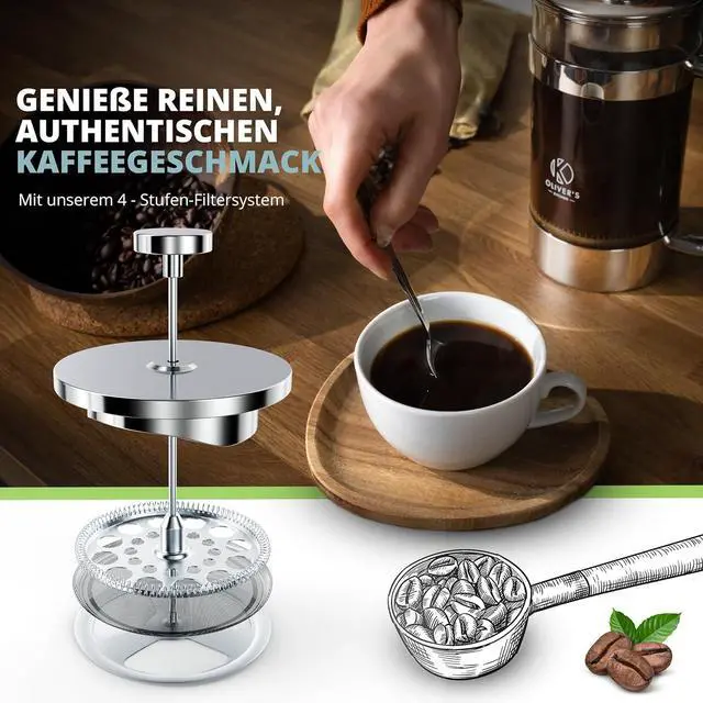 Alt view image 4 of 6 - Oliver's Kitchen ® Premium French Press Cafetiere Coffee Maker - Thermal Insulated Double Wall - Stainless Steel 1 Liter