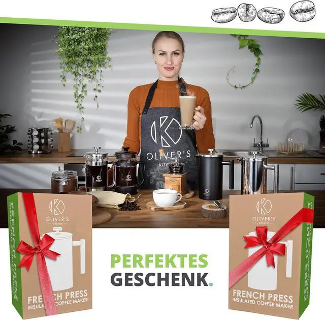 Alt view image 6 of 6 - Oliver's Kitchen ® Premium French Press Cafetiere Coffee Maker - Thermal Insulated Double Wall - Stainless Steel 1 Liter
