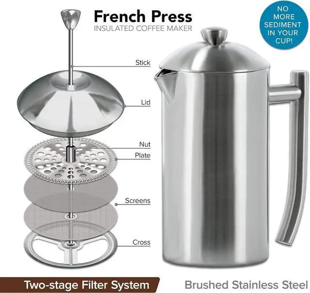 Alt view image 2 of 7 - Frieling Double-Walled Stainless-Steel French Press Coffee Maker - 44 Oz Insulated Coffee Press - Large Stainless Steel French Press for Sediment-Free Brewing for Home & Travel
