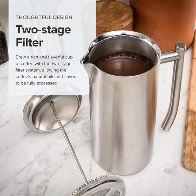 Alt view image 3 of 7 - Frieling Double-Walled Stainless-Steel French Press Coffee Maker - 44 Oz Insulated Coffee Press - Large Stainless Steel French Press for Sediment-Free Brewing for Home & Travel