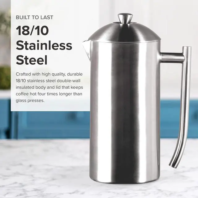 Alt view image 4 of 7 - Frieling Double-Walled Stainless-Steel French Press Coffee Maker - 44 Oz Insulated Coffee Press - Large Stainless Steel French Press for Sediment-Free Brewing for Home & Travel
