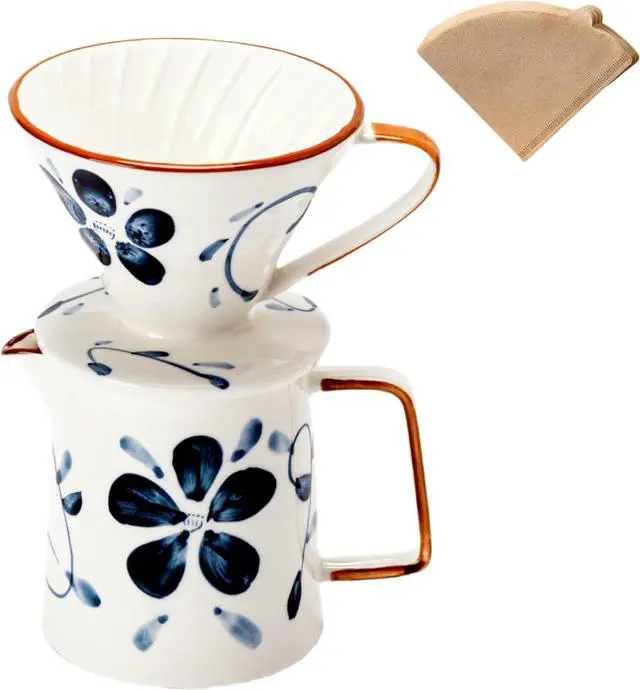 Main image of Pour Over Coffee Maker,Ceramic Coffee Maker With 40 pcs V60 Paper Filter15oz/450ml Pour Over Coffee Dripper (Blue and white, V02)