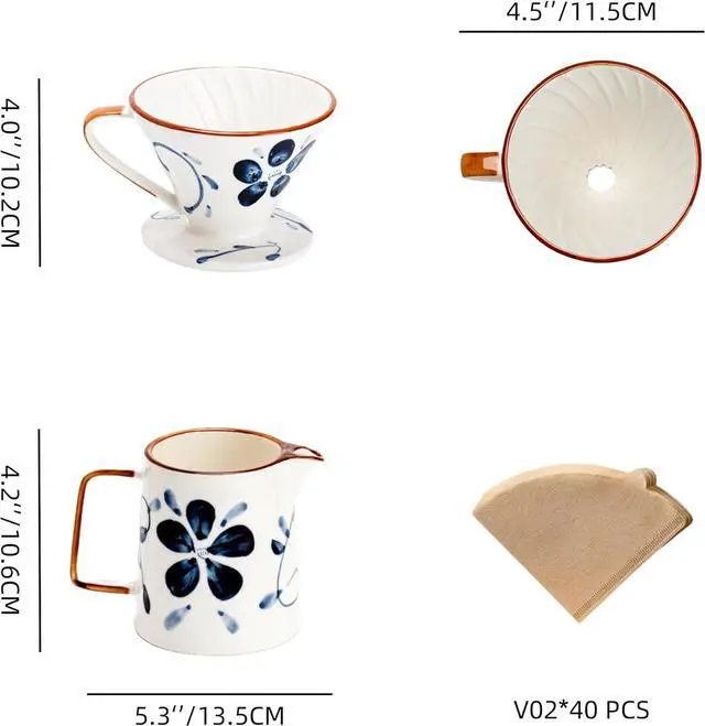 Alt view image 3 of 7 - Pour Over Coffee Maker,Ceramic Coffee Maker With 40 pcs V60 Paper Filter15oz/450ml Pour Over Coffee Dripper (Blue and white, V02)