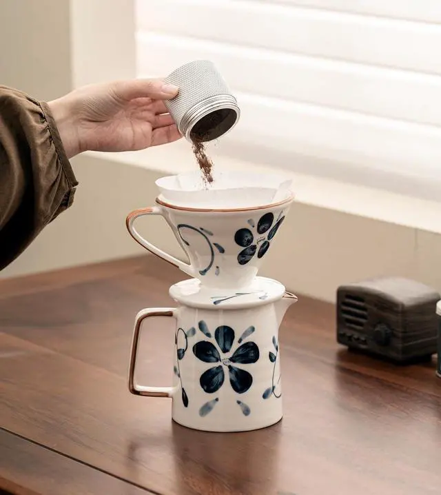 Alt view image 5 of 7 - Pour Over Coffee Maker,Ceramic Coffee Maker With 40 pcs V60 Paper Filter15oz/450ml Pour Over Coffee Dripper (Blue and white, V02)