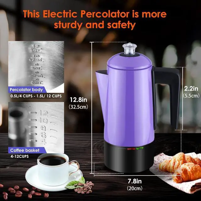Alt view image 2 of 7 - HOMOKUS Electric Coffee Percolator 12 CUPS Percolator Coffee Pot Stainless Steel Percolator Coffee Maker with Clear Knob Cool-touch Handle Auto Keep Warm Function (Purple)