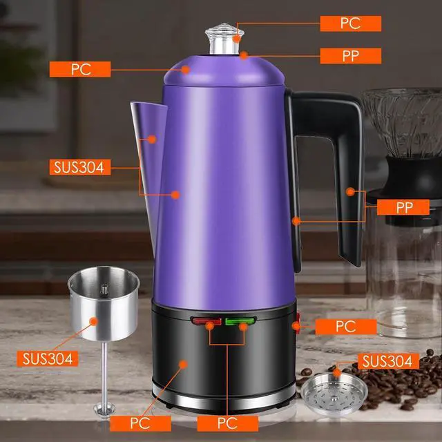 Alt view image 3 of 7 - HOMOKUS Electric Coffee Percolator 12 CUPS Percolator Coffee Pot Stainless Steel Percolator Coffee Maker with Clear Knob Cool-touch Handle Auto Keep Warm Function (Purple)