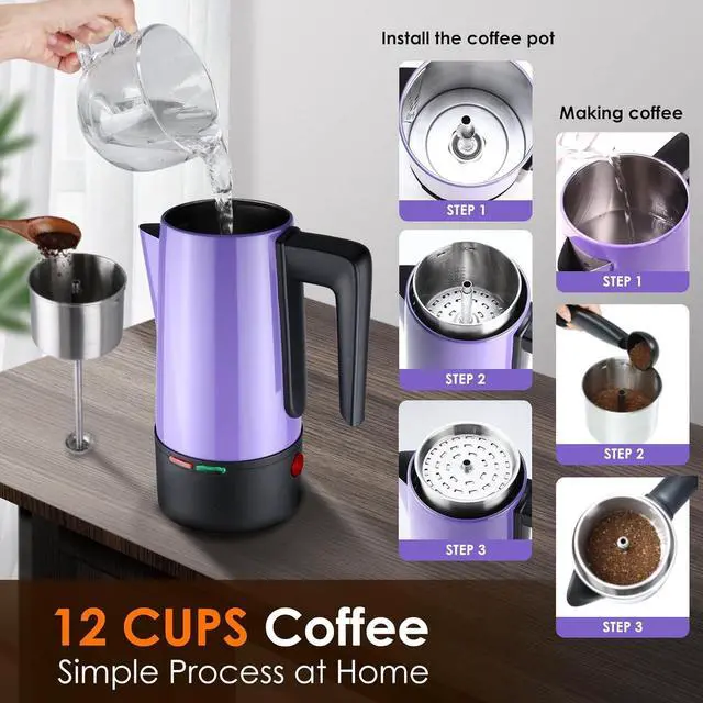 Alt view image 6 of 7 - HOMOKUS Electric Coffee Percolator 12 CUPS Percolator Coffee Pot Stainless Steel Percolator Coffee Maker with Clear Knob Cool-touch Handle Auto Keep Warm Function (Purple)