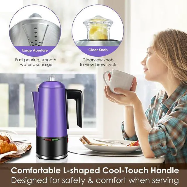 Alt view image 7 of 7 - HOMOKUS Electric Coffee Percolator 12 CUPS Percolator Coffee Pot Stainless Steel Percolator Coffee Maker with Clear Knob Cool-touch Handle Auto Keep Warm Function (Purple)