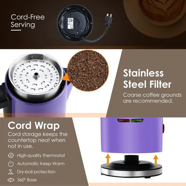 Alt view image 5 of 7 - HOMOKUS Electric Coffee Percolator 12 CUPS Percolator Coffee Pot Stainless Steel Percolator Coffee Maker with Clear Knob Cool-touch Handle Auto Keep Warm Function (Purple)