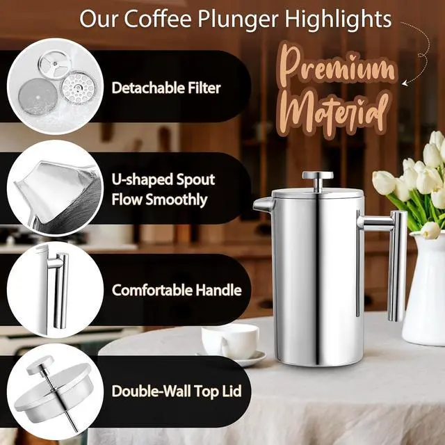 Alt view image 2 of 7 - 34oz French Press Coffee Maker, 1000ml Stainless Steel Double Insulated Cafetiere 8 Cup Espresso Coffee Press, Portable Coffee Plunger Pot for Home, Office, Camping
