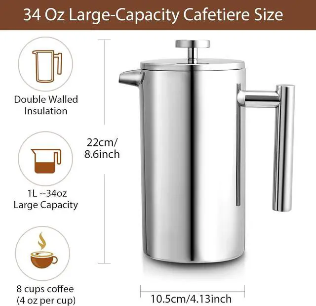 Alt view image 7 of 7 - 34oz French Press Coffee Maker, 1000ml Stainless Steel Double Insulated Cafetiere 8 Cup Espresso Coffee Press, Portable Coffee Plunger Pot for Home, Office, Camping