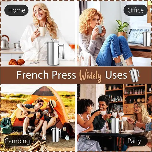 Alt view image 6 of 7 - 34oz French Press Coffee Maker, 1000ml Stainless Steel Double Insulated Cafetiere 8 Cup Espresso Coffee Press, Portable Coffee Plunger Pot for Home, Office, Camping