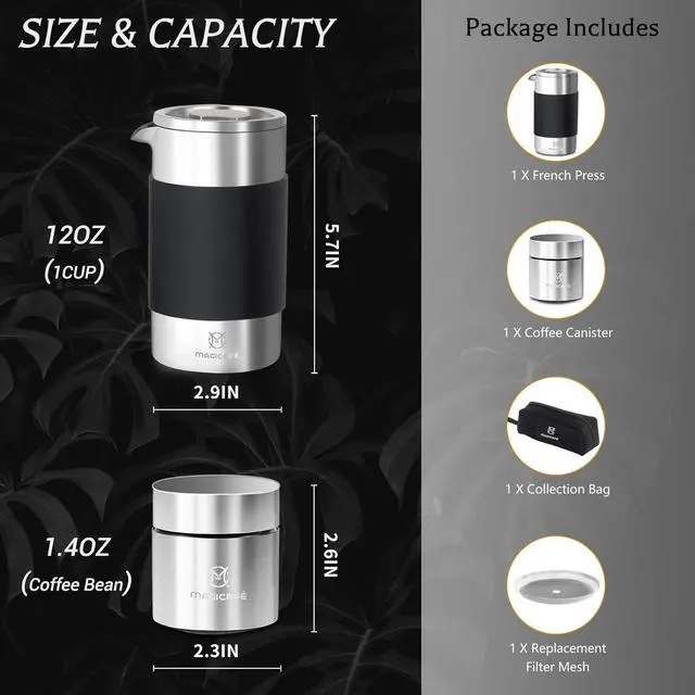 Alt view image 3 of 5 - French Press Coffee Maker Set, Portable French Press with Mini Coffee Canister and Collection Bag, Single Serve 1 Cup Small Stainless Steel Double Walled Coffee Press 350ml/12oz