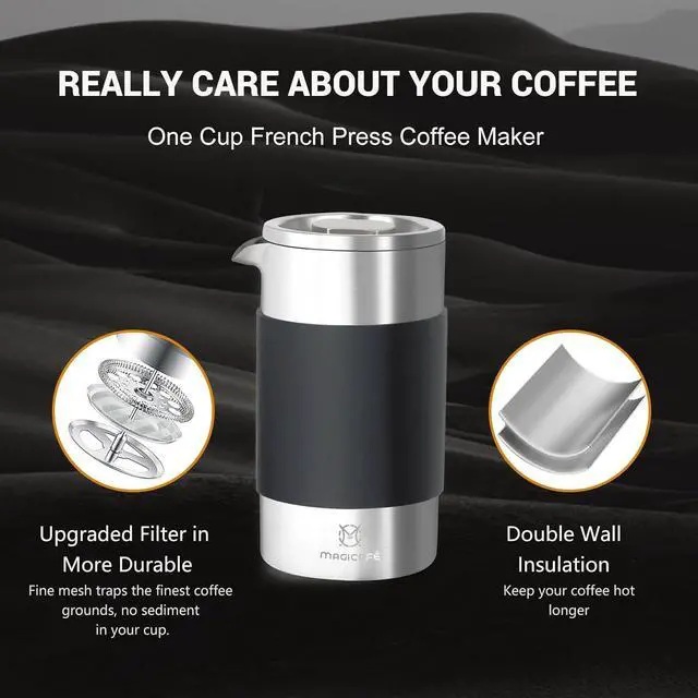 Alt view image 2 of 5 - French Press Coffee Maker Set, Portable French Press with Mini Coffee Canister and Collection Bag, Single Serve 1 Cup Small Stainless Steel Double Walled Coffee Press 350ml/12oz