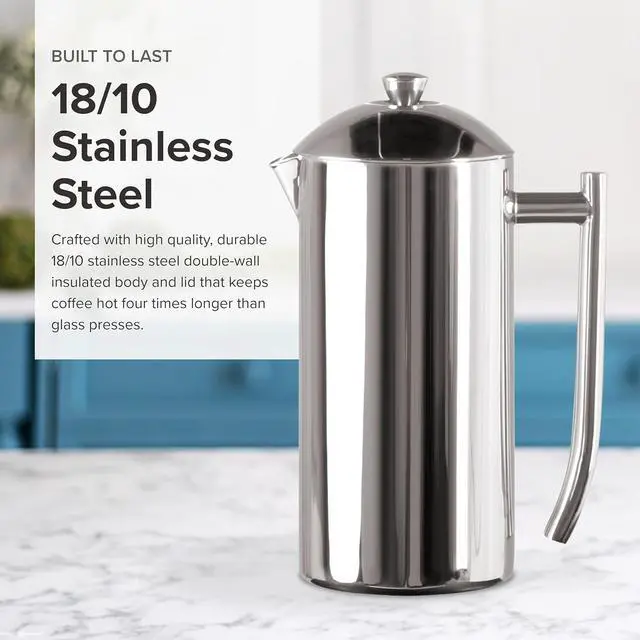 Alt view image 4 of 7 - Frieling Double-Walled Stainless Steel French Press Coffee Maker - 36 oz Polished & Insulated Press Pot - Stainless Steel Coffee Maker