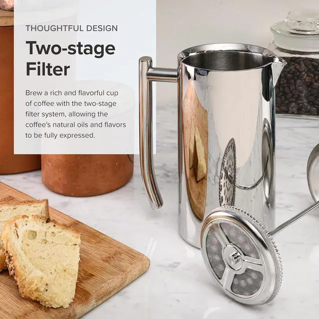 Alt view image 3 of 7 - Frieling Double-Walled Stainless Steel French Press Coffee Maker - 36 oz Polished & Insulated Press Pot - Stainless Steel Coffee Maker