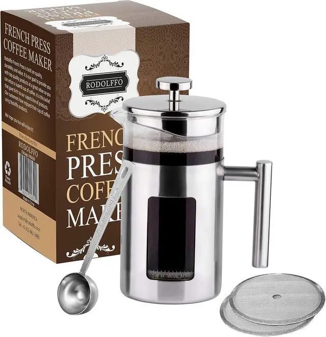 Main image of 34 Ounce French Press Coffee Maker with Stainless Steel 18/8 frame, 1 Litre Heat Resistant Borosilicate Glass Carafe includes 2 extra French Press Filters and 1 Coffee Spoon