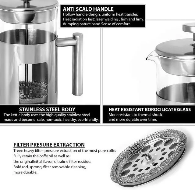 Alt view image 4 of 7 - 34 Ounce French Press Coffee Maker with Stainless Steel 18/8 frame, 1 Litre Heat Resistant Borosilicate Glass Carafe includes 2 extra French Press Filters and 1 Coffee Spoon