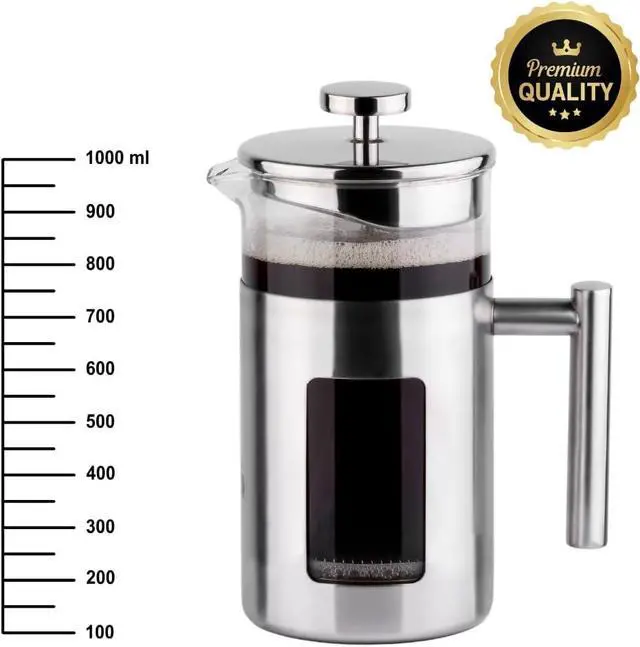Alt view image 5 of 7 - 34 Ounce French Press Coffee Maker with Stainless Steel 18/8 frame, 1 Litre Heat Resistant Borosilicate Glass Carafe includes 2 extra French Press Filters and 1 Coffee Spoon