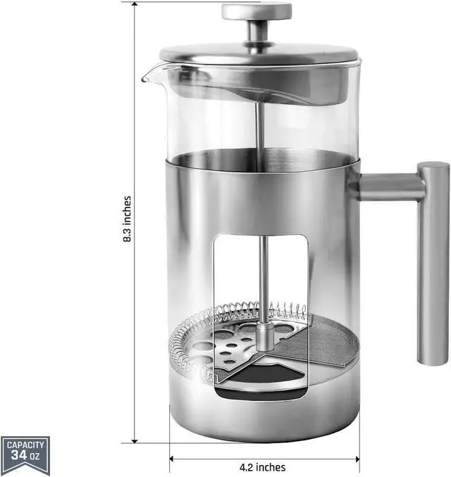 Alt view image 6 of 7 - 34 Ounce French Press Coffee Maker with Stainless Steel 18/8 frame, 1 Litre Heat Resistant Borosilicate Glass Carafe includes 2 extra French Press Filters and 1 Coffee Spoon