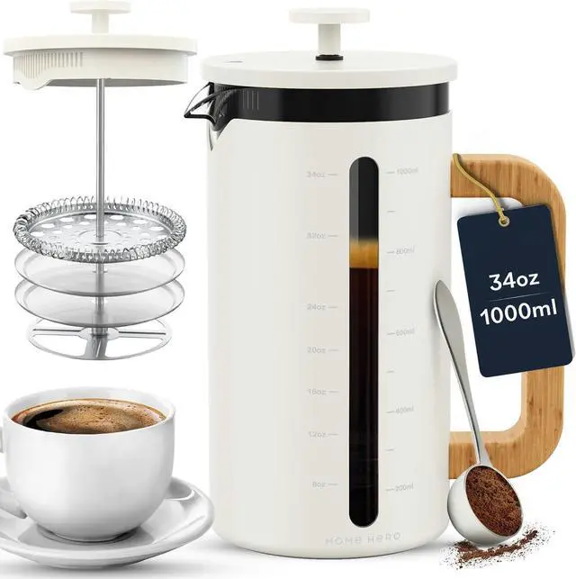 Main image of Home Hero French Press Coffee Maker - 34 oz Coffee Press with Bamboo Wood Handle, Heat Resistant Thick Borosilicate Glass French Presses, 4 Layer Filter, French Press Stainless Steel (Light Cream)