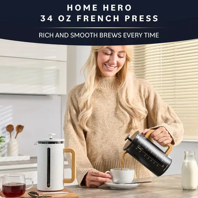 Alt view image 2 of 7 - Home Hero French Press Coffee Maker - 34 oz Coffee Press with Bamboo Wood Handle, Heat Resistant Thick Borosilicate Glass French Presses, 4 Layer Filter, French Press Stainless Steel (Light Cream)