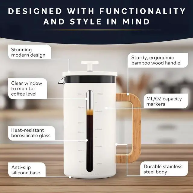 Alt view image 3 of 7 - Home Hero French Press Coffee Maker - 34 oz Coffee Press with Bamboo Wood Handle, Heat Resistant Thick Borosilicate Glass French Presses, 4 Layer Filter, French Press Stainless Steel (Light Cream)